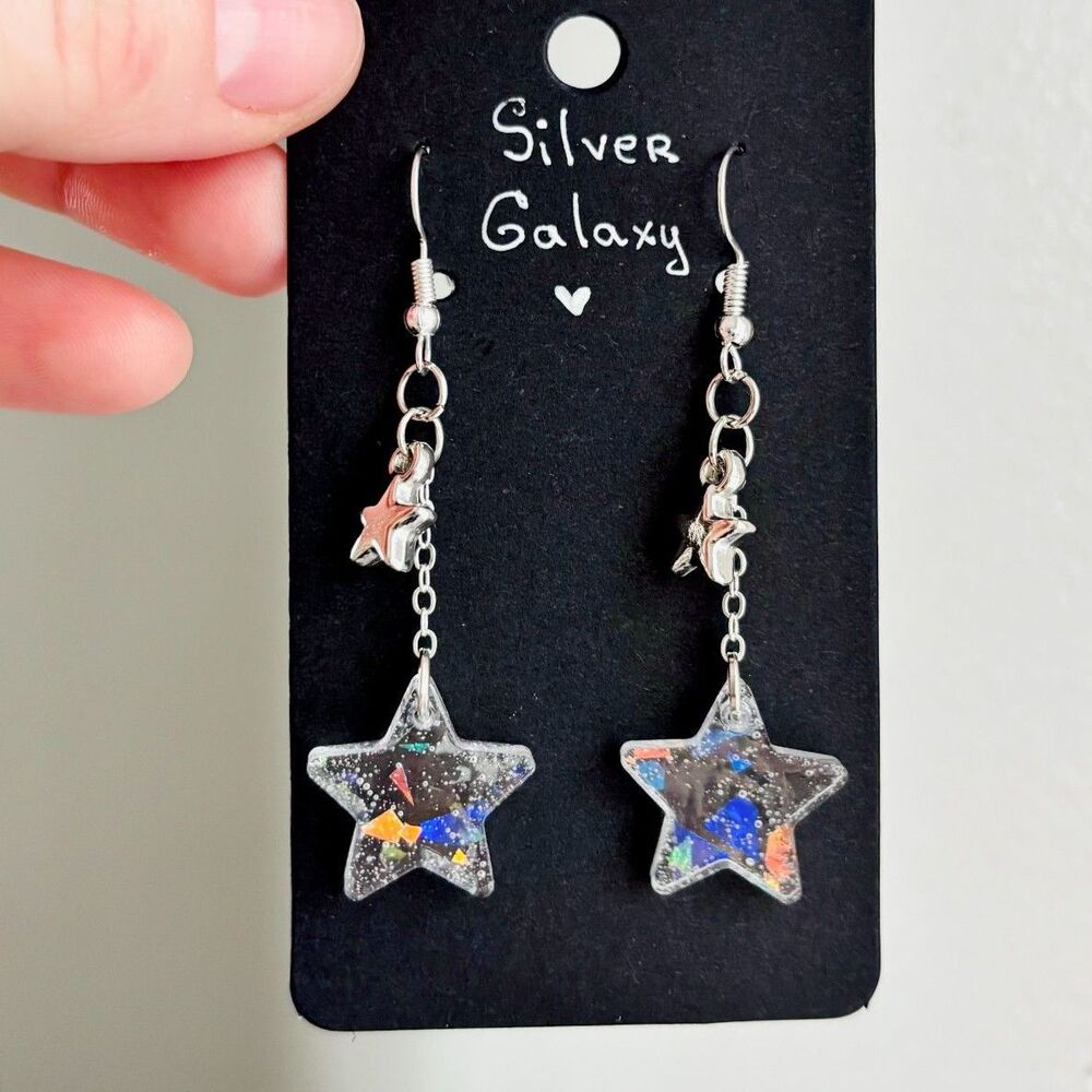 Star Resin Dangle Earrings with Holographic Glitter and Silver Charms